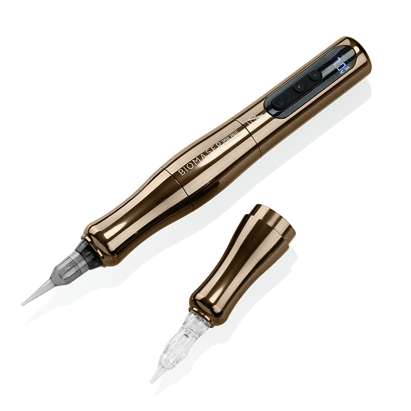 Biomaser P90 PRO Wireless PMU Pen, gold, digital display, and needle cartridges. Professional tattoo equipment.