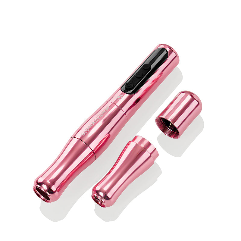 Biomaser P90 PRO rose gold wireless PMU pen, disassembled. Professional tattoo equipment for permanent makeup.