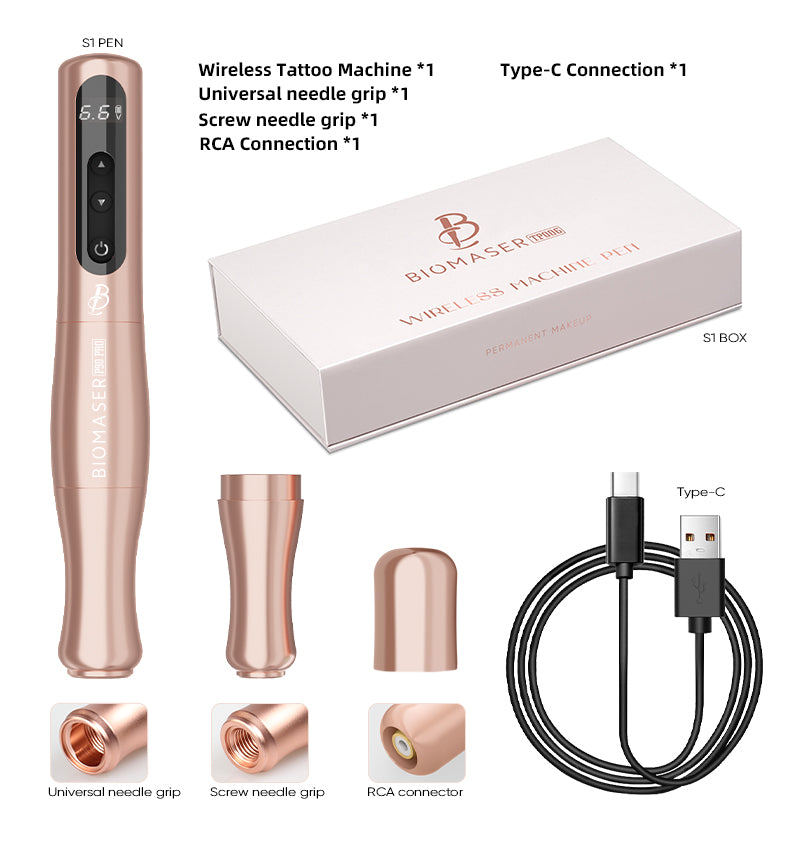 Biomaser P90 PRO wireless PMU pen set with accessories, rose gold, Type-C charging, tattoo equipment