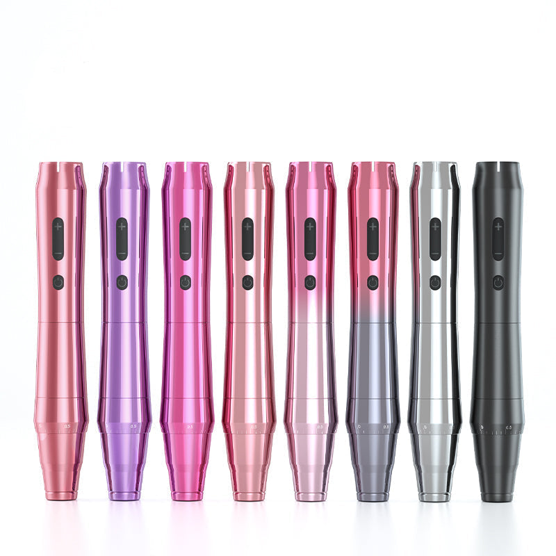 Biomaser TP010 Wireless PMU Machine pens in different colors, with control buttons, for professional tattoo use.