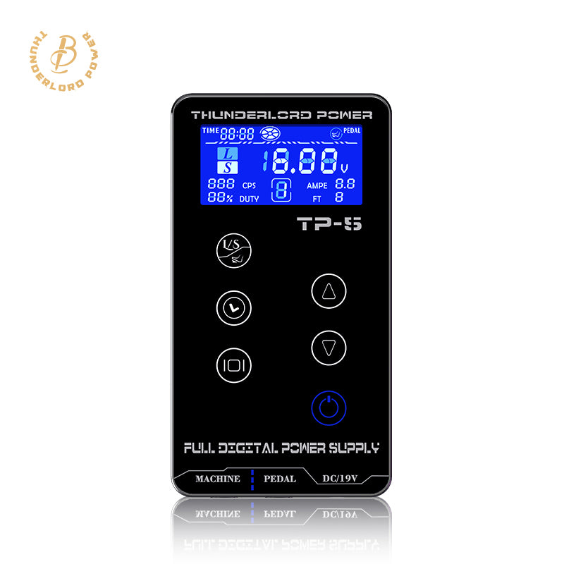 Thunderlord Power TP-5 digital tattoo power supply with LCD screen displaying voltage, essential tattoo equipment