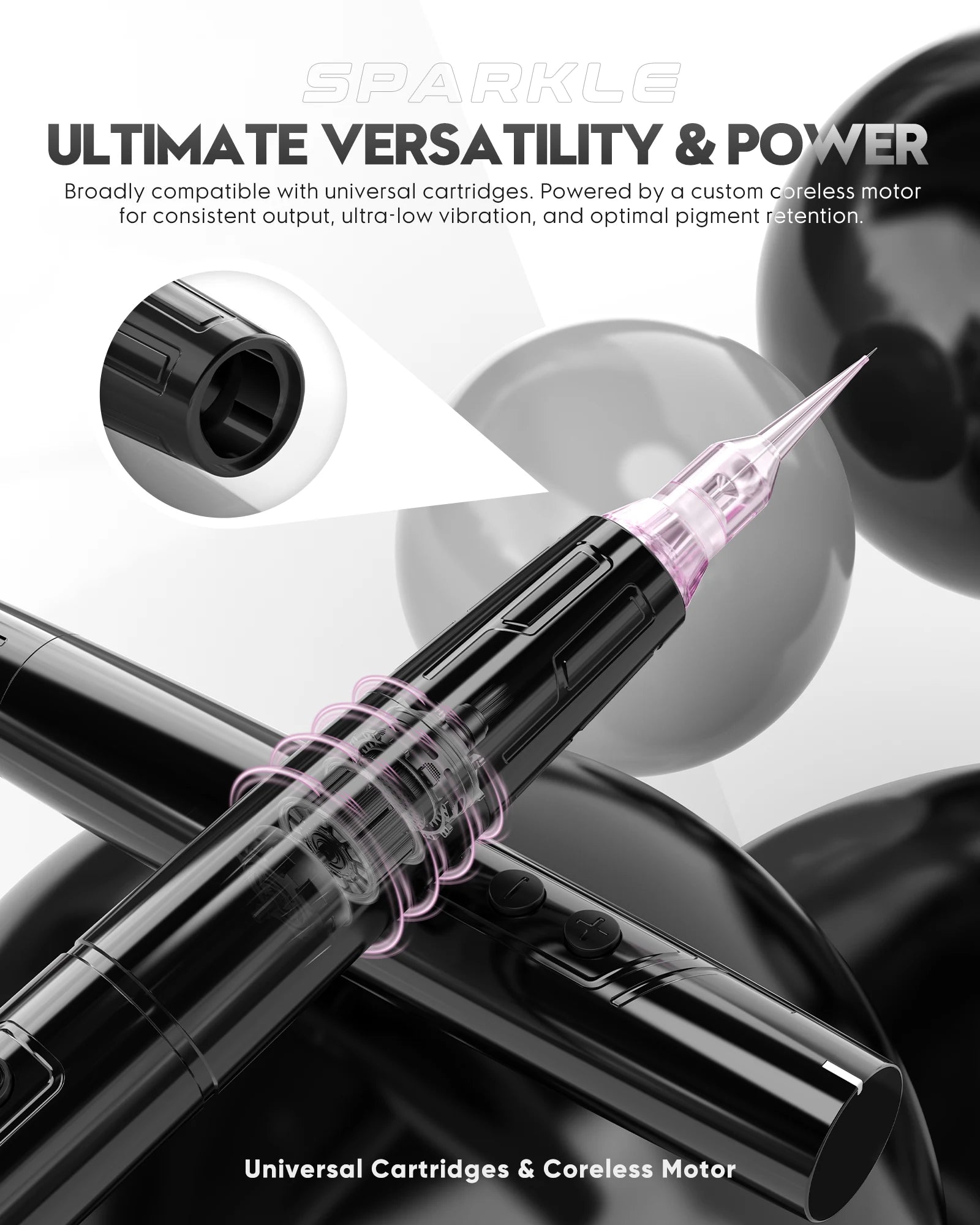 Biomaser TP006 Wireless PMU Machine in black. Digital display showing 10.0, professional tattoo equipment.