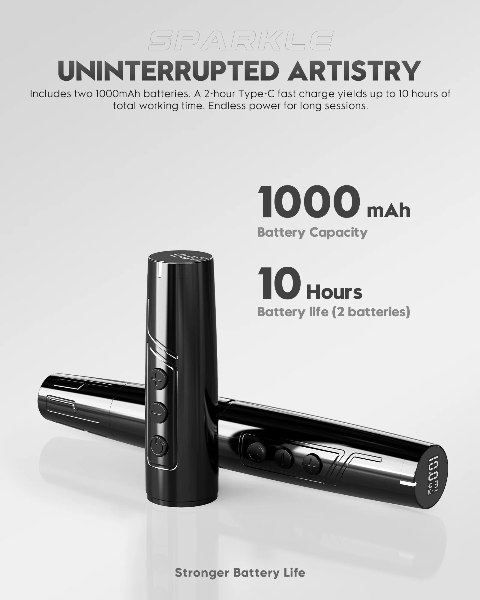 Biomaser TP006 Wireless PMU Machine in black. Digital display showing 10.0, professional tattoo equipment.