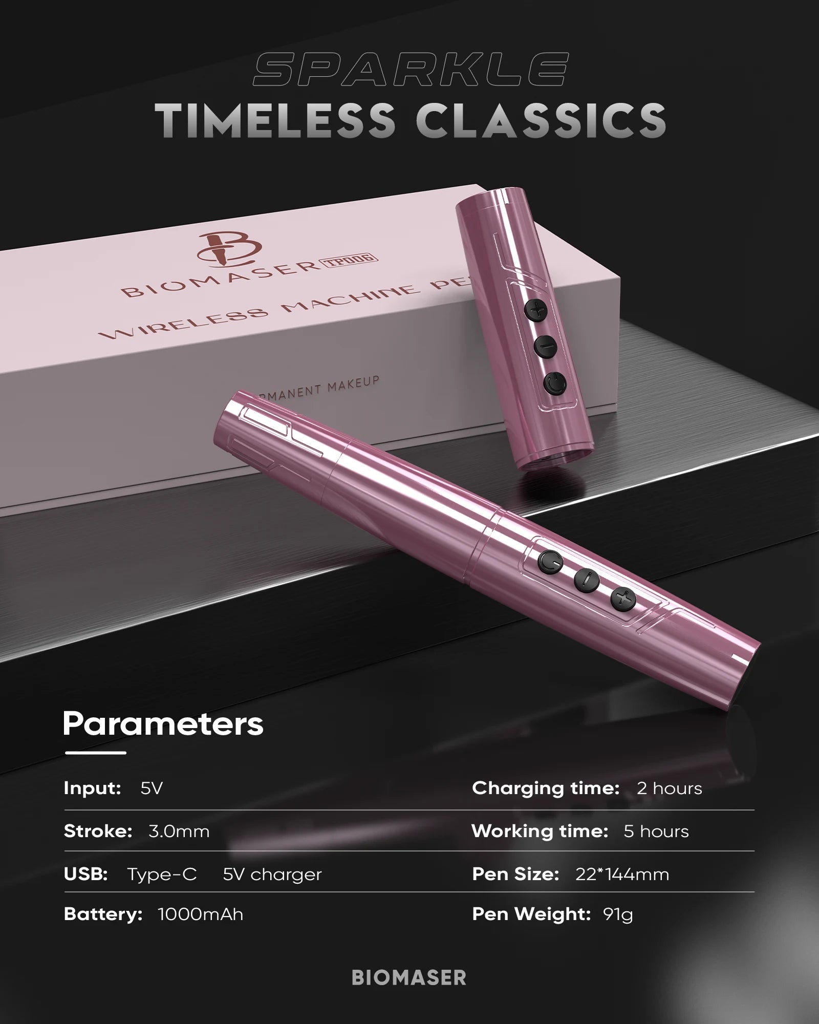 Biomaser TP006 Wireless PMU Machine in Pink, professional tattoo machine for eyebrows and lips.