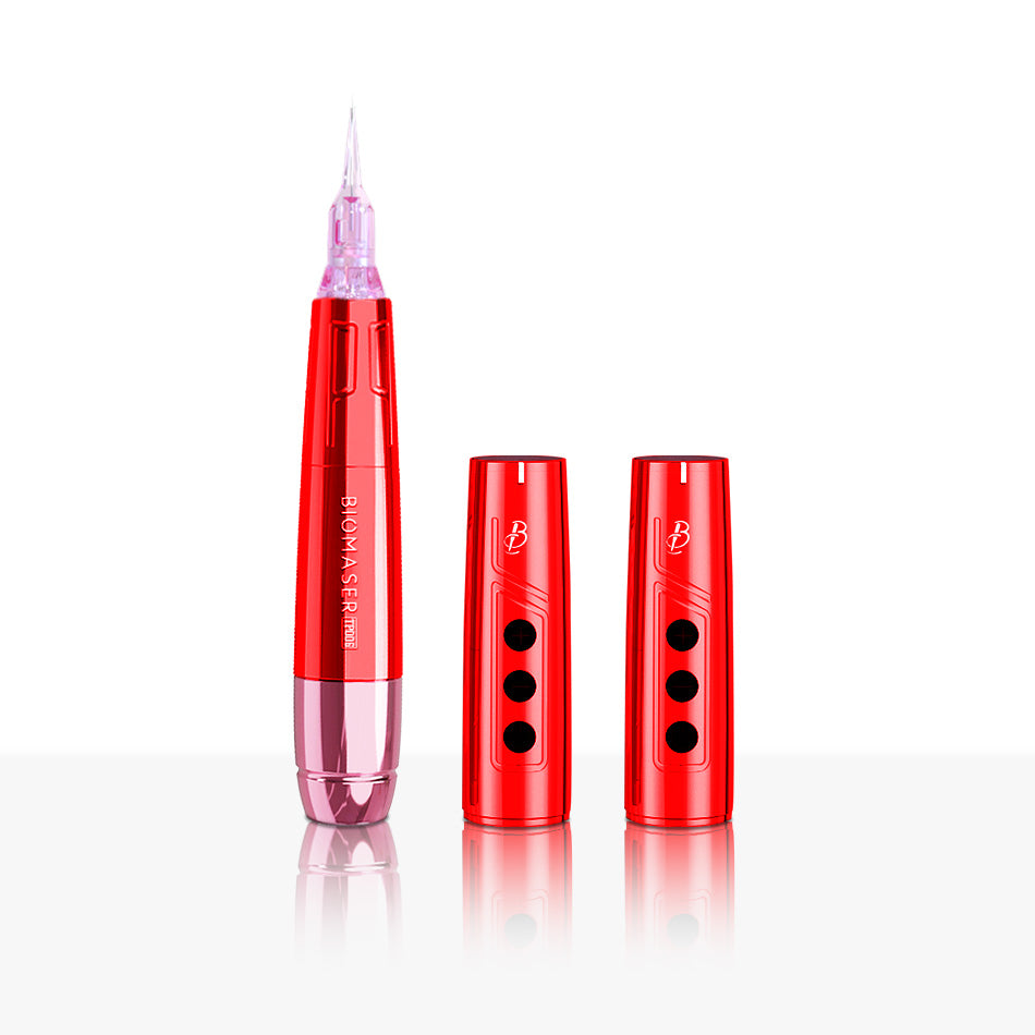 Red Biomaser TP006 Wireless PMU Machine with dual battery heads. Professional tattoo equipment for eyebrows and lips
