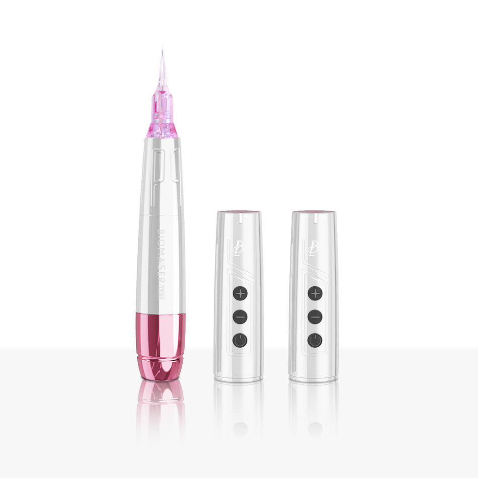 Biomaser TP006 Wireless PMU Machine in pink with dual battery heads, professional tattoo equipment for permanent makeup