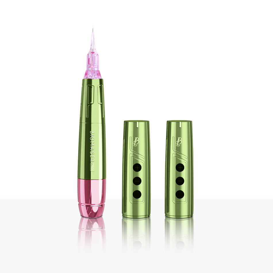 Biomaser TP006 PMU Machine - Green and pink, dual battery, wireless tattoo equipment for eyebrows and lips.