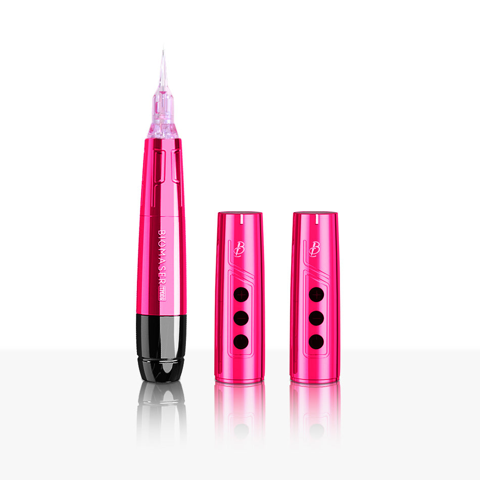 Biomaser TP006 Wireless PMU Machine in pink with dual battery heads, professional tattoo equipment for permanent makeup