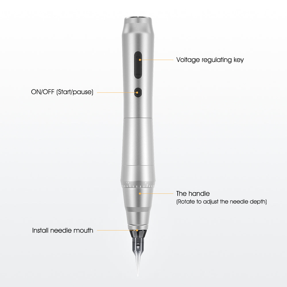 Biomaser TP010 Wireless PMU Machine: Silver body, key controls, and needle depth adjustment. For PMU with wireless feature.