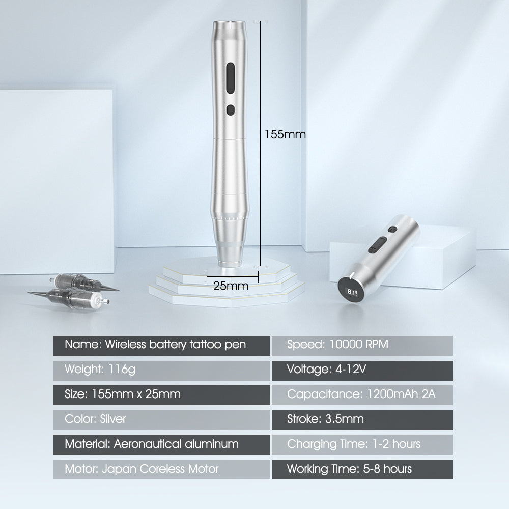 Biomaser TP010 Wireless PMU Machine: Silver aluminum, 10000 RPM, 3.5mm stroke, 1200mAh battery, key specs displayed.