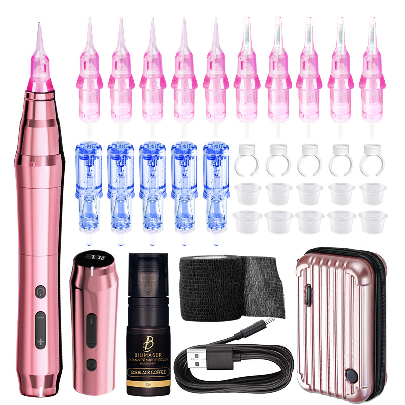 Biomaser TP010 PMU Kit: Rose Gold PMU machine with ink, needles, accessories, and carrying case; tattoo equipment.
