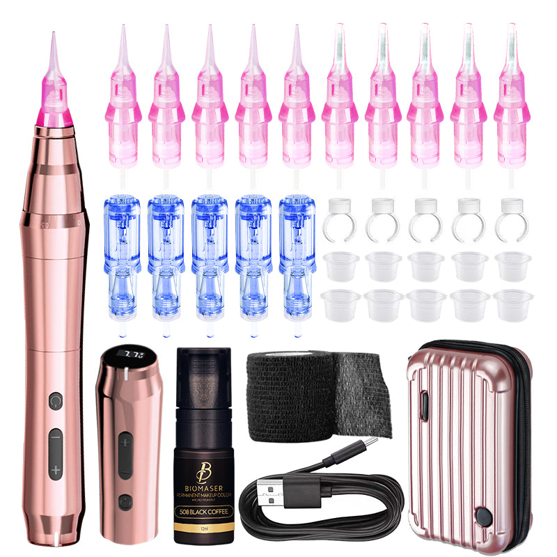 Biomaser TP010 Wireless PMU Kit: Rose gold machine, black ink, needles, and accessories for permanent makeup
