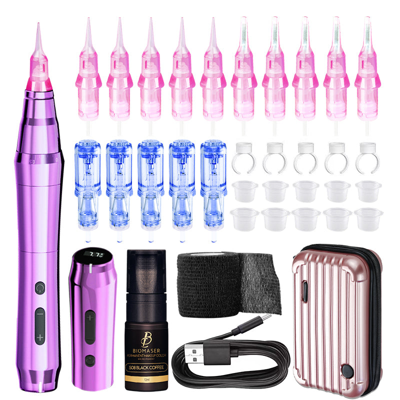 Biomaser TP010 PMU Kit: Purple wireless pen, Black Coffee ink, needles, battery, and accessories.
