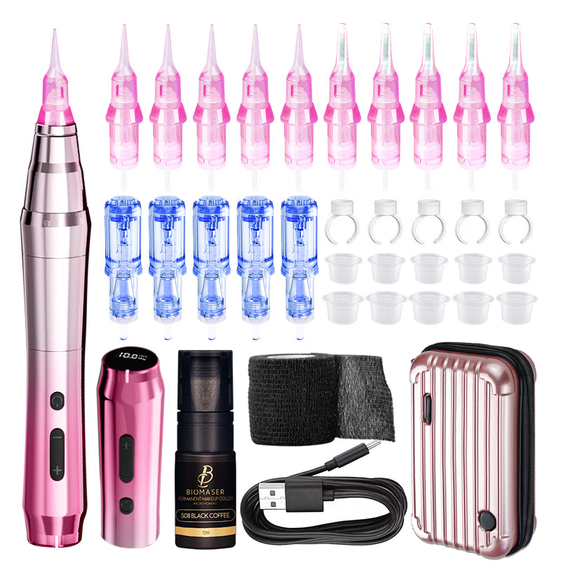 Biomaser TP010 Wireless PMU Kit: Pink PMU machine, needles, ink, case, and accessories for professional permanent makeup.