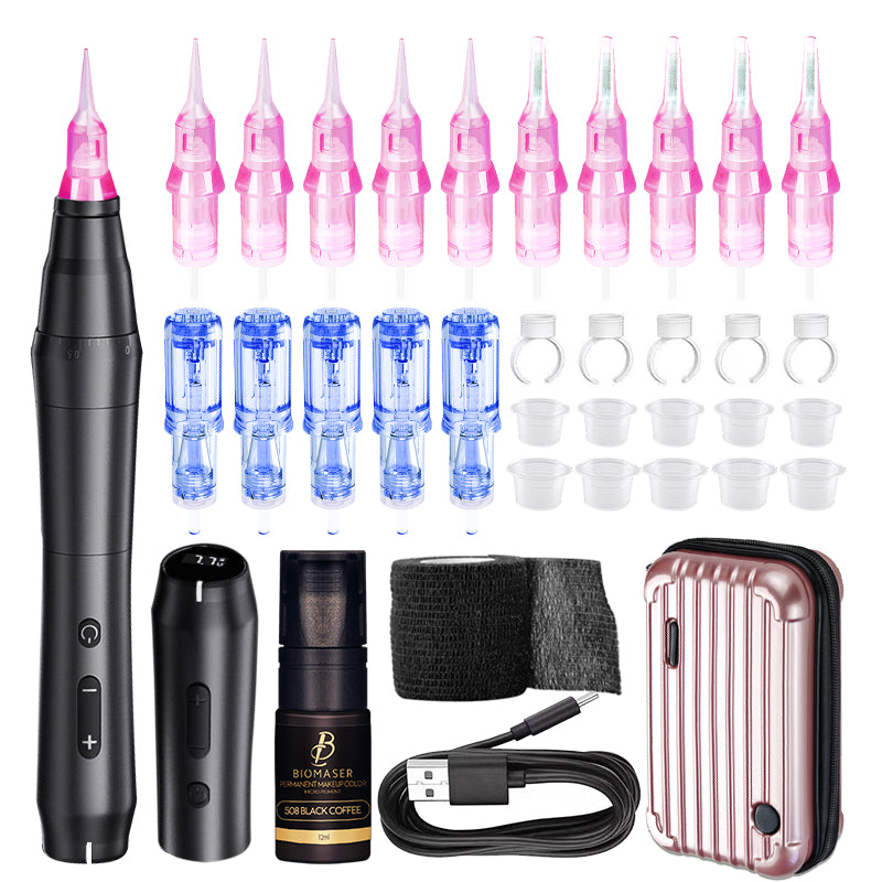 Biomaser TP010 Wireless PMU Machine Kit: Black PMU pen, ink, needles, battery and accessories. Professional tattoo tool.