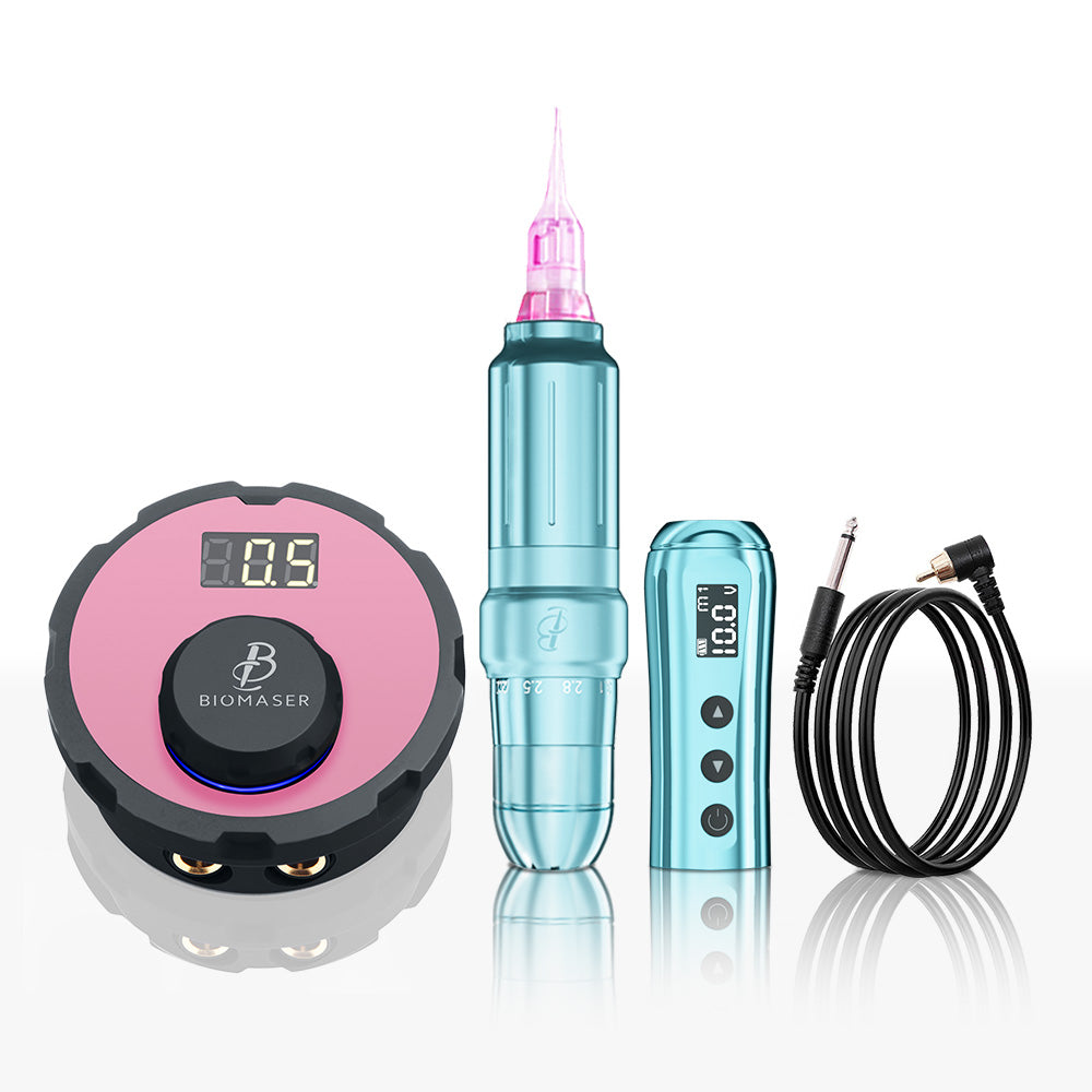 Biomaser JOG261 PMU eyebrow embroidery kit: light blue pen, pink power supply with digital display, tattoo supplies.
