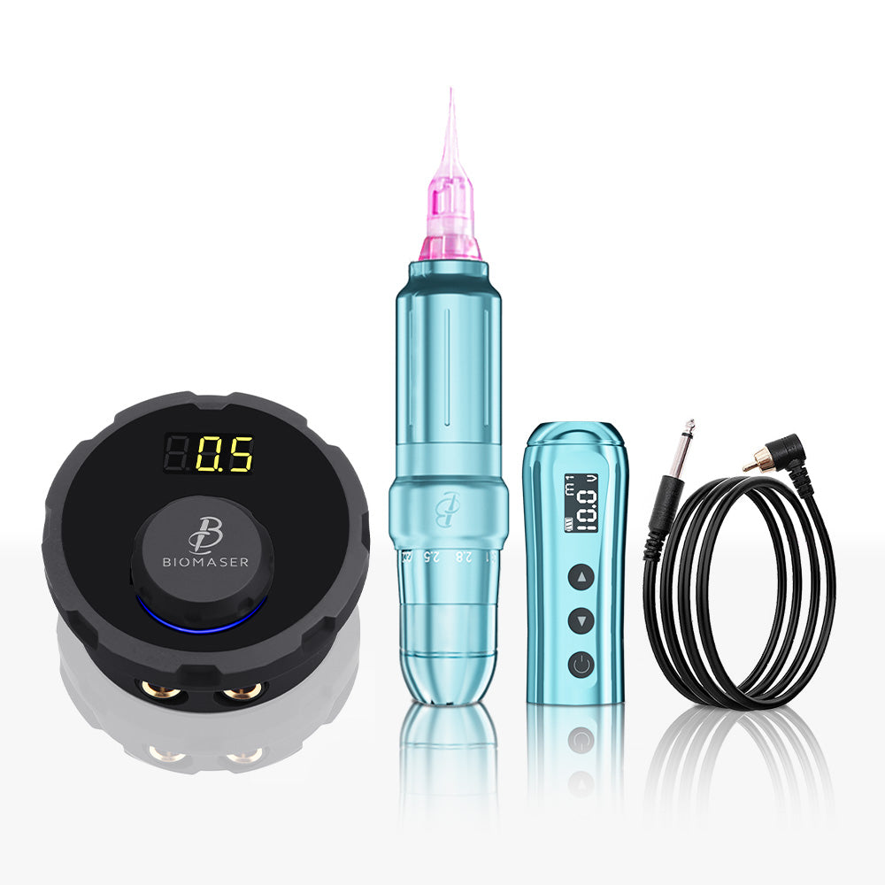 Biomaser JOG261 PMU Tattoo Machine Kit - Light Blue Tattoo Pen, Digital Display, Power Supply, Tattoo Supplies