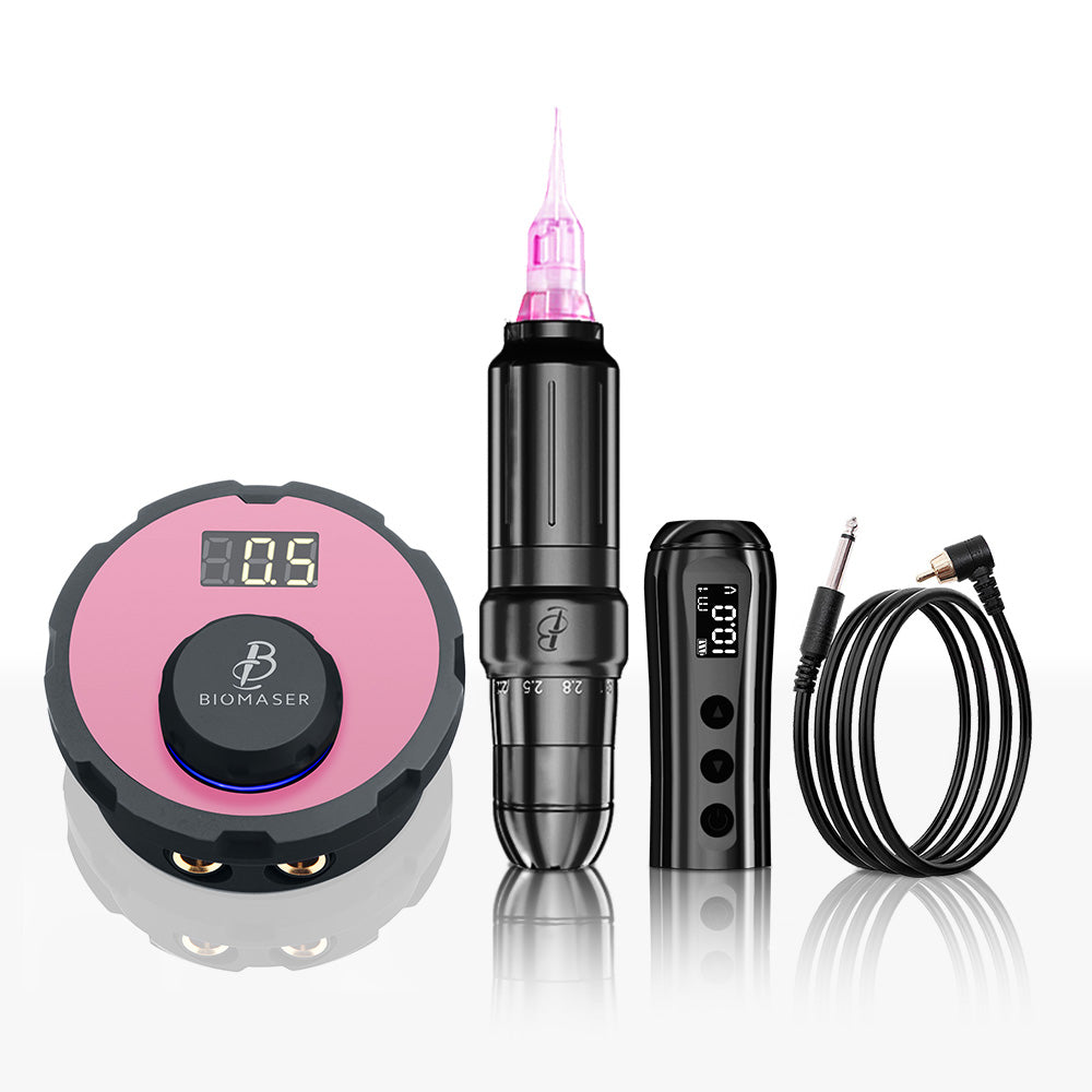 Biomaser JOG261 PMU Tattoo Machine Kit, black pen and pink power supply with digital display, eyebrow embroidery