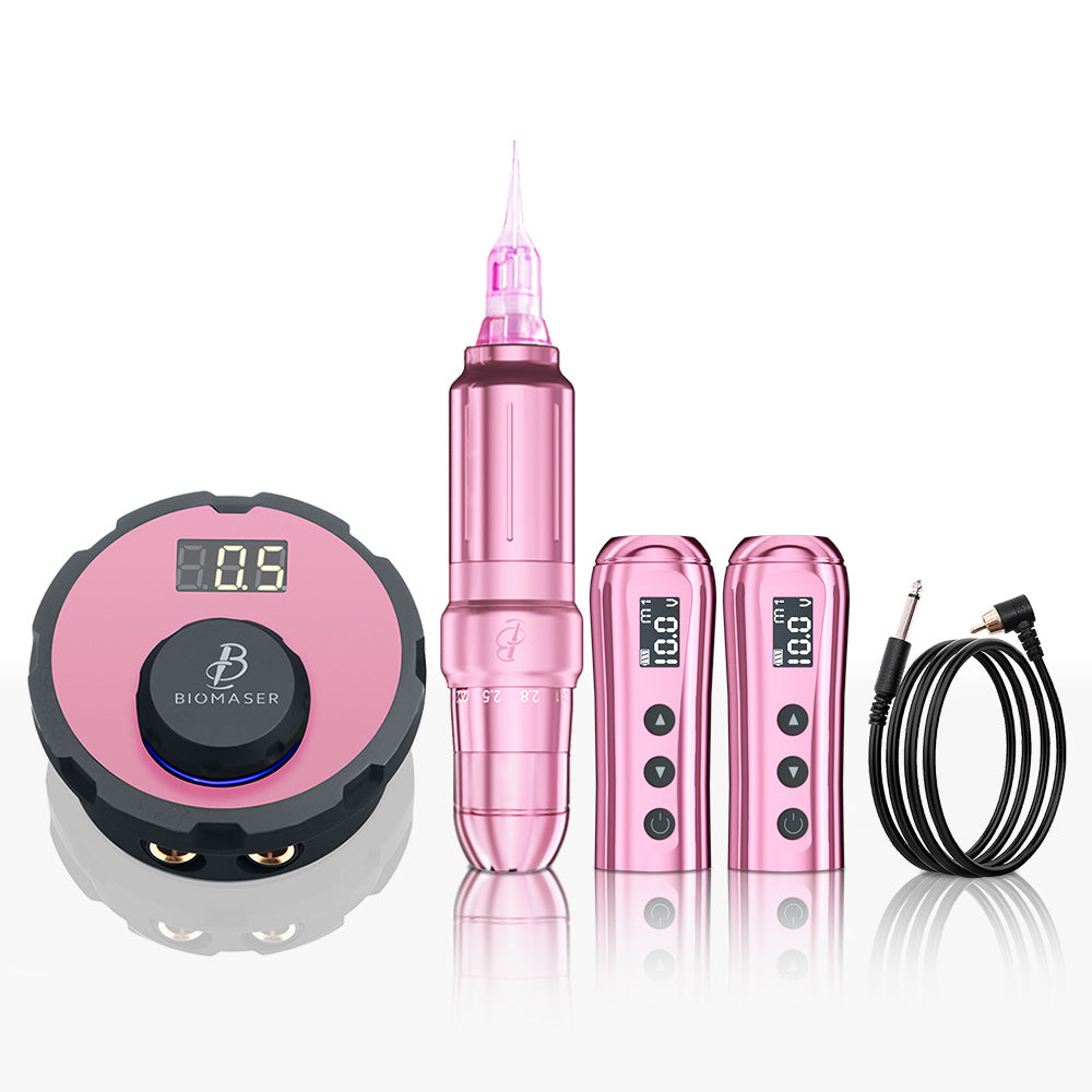 Pink Biomaser JOG261 PMU tattoo machine kit for eyebrow embroidery: PMU pen, power supply, and digital displays.