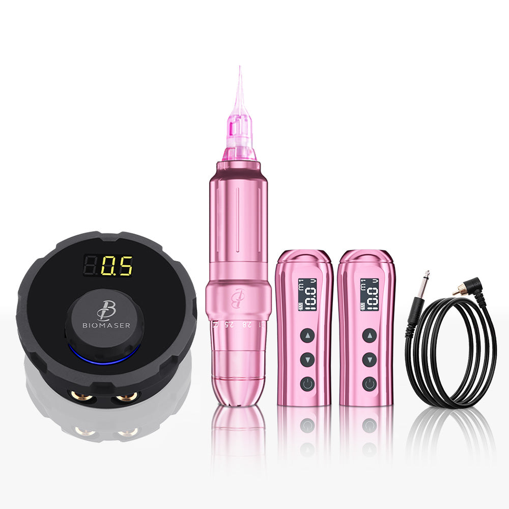 Biomaser JOG261 PMU Tattoo Machine Kit - Pink tattoo pen, black power supply, and accessories for eyebrow embroidery.