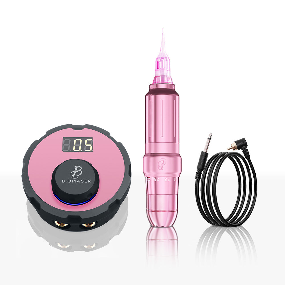 Biomaser JOG261 PMU tattoo machine kit for eyebrow embroidery: Pink PMU pen, digital display, and power supply.