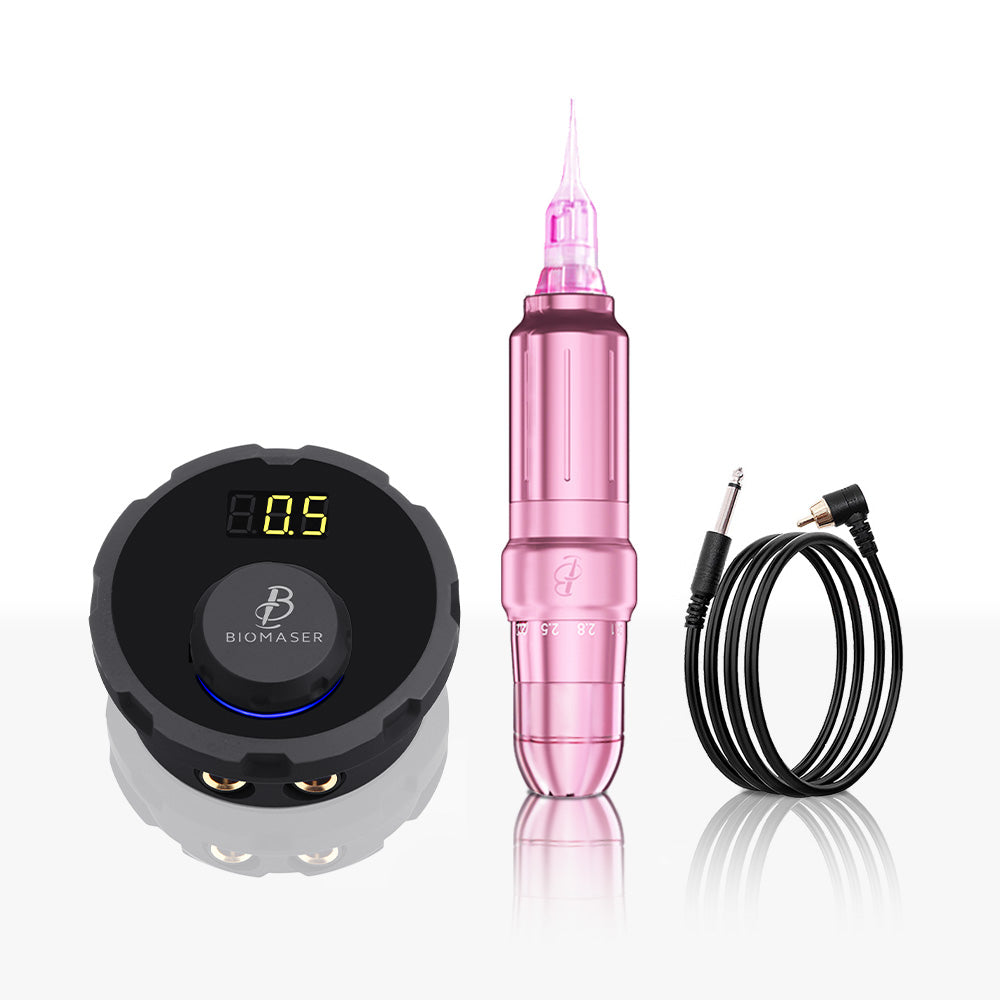 Biomaser JOG261 PMU Tattoo Machine Kit - Pink tattoo pen, black power supply, and accessories for eyebrow embroidery.