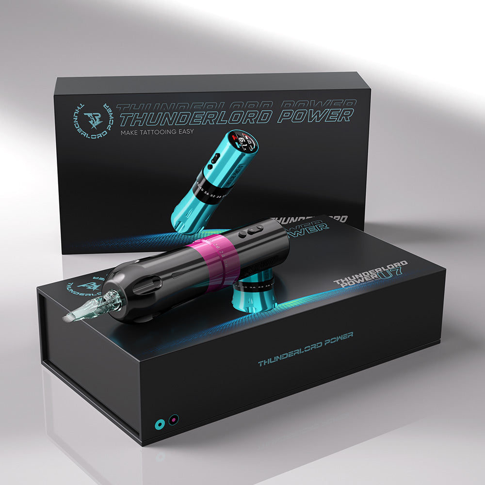 Biomaser Thunderlord Power U7 wireless tattoo machine pen with packaging, black and pink, adjustable stroke tattoo equipment