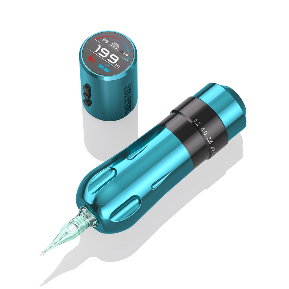 Thunderlordpower U7 Wireless tattoo machine pen in teal, with adjustable stroke and battery pack.