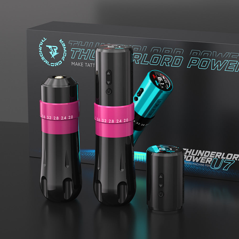 Biomaser Thunderlord Power U7 Wireless Tattoo Machine Pen, black and pink, with adjustable stroke settings, tattoo equipment