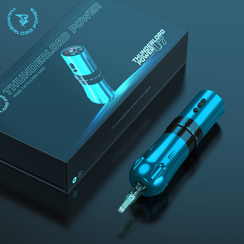 Biomaser Thunderlord Power U7 Wireless tattoo machine pen in teal with packaging, adjustable stroke tattoo equipment