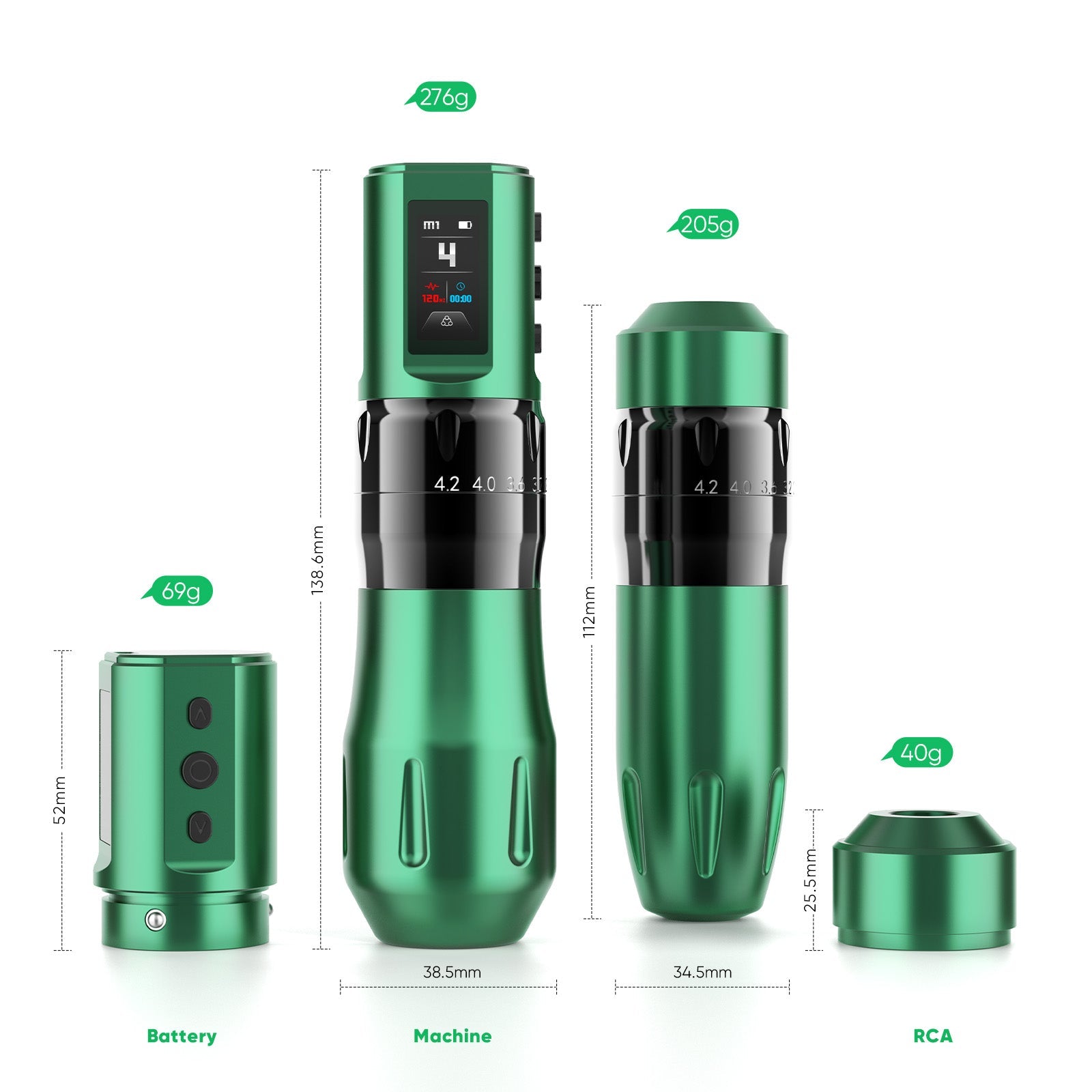 THUNDERLORD U9 Fast Charge Tattoo Machine in Green with dimensions, professional tattoo equipment