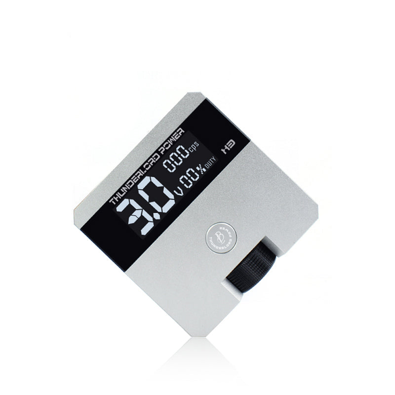 Digital Tattoo Power Supply Thunderlord Power X3. Silver tattoo power supply with digital display, a key tattoo equipment.