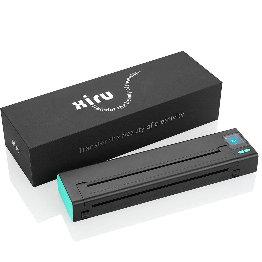 XIRU XR3 Wireless Tattoo Stencil Printer and box, black with turquoise accents, "Transfer the beauty of creativity"