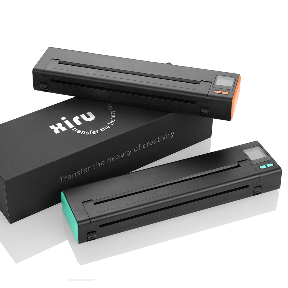XIRU XR3 wireless tattoo stencil printer, black with orange and teal accents, for tattoo artists