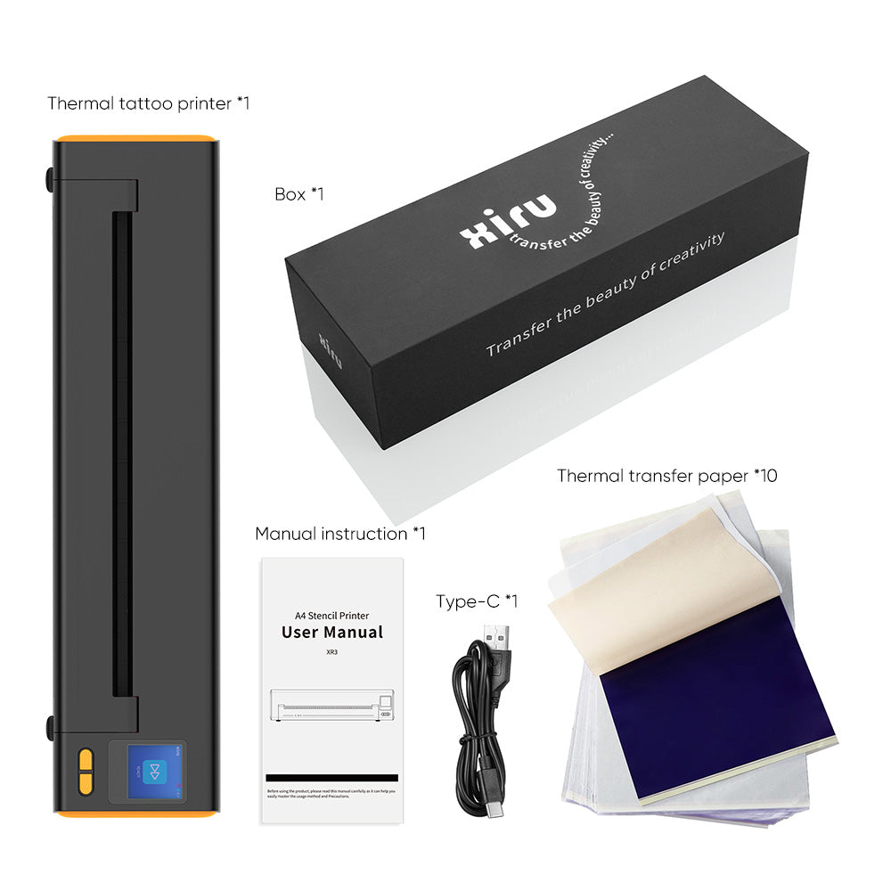 XIRU XR3 tattoo stencil printer kit with printer, box, manual, paper, and cable; for professional tattoo artists.