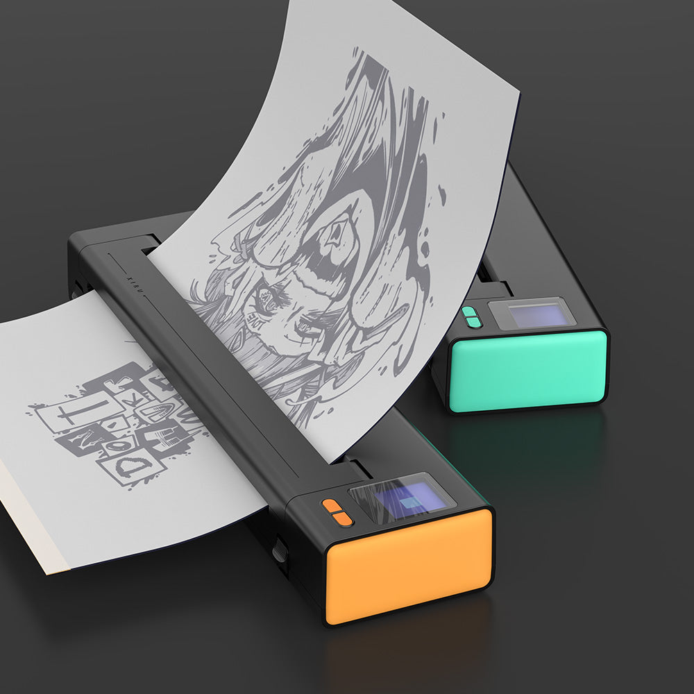 XIRU XR3 wireless tattoo stencil printer, printing tattoo designs, black with orange and teal accents