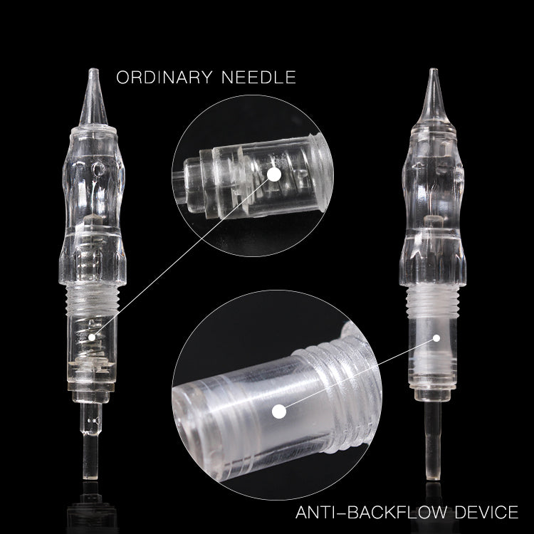 BMX RS Shader Needle for permanent makeup, highlighting the ordinary needle design and anti-backflow features. Clear plastic.