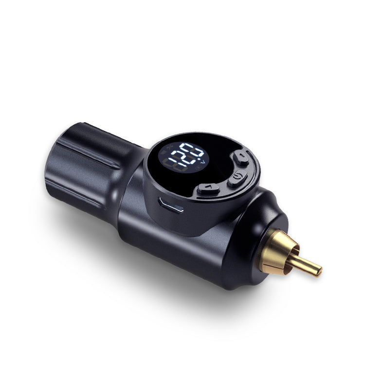 Black wireless tattoo machine power supply with digital display, showing 12.0 voltage, a professional tattoo tool
