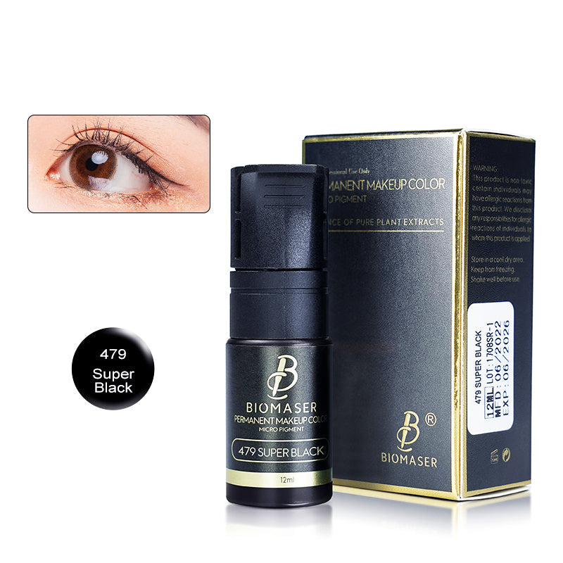 Biomaser 479 Super Black Eyeliner Pigment for Permanent Makeup, 12ml bottle with an example of the eyeliner effect