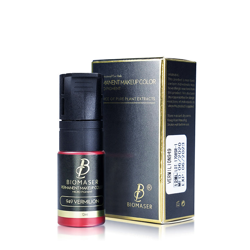 Biomaser 949 Vermilion pigment ink for lip permanent makeup, 12ml bottle with black cap and product box.