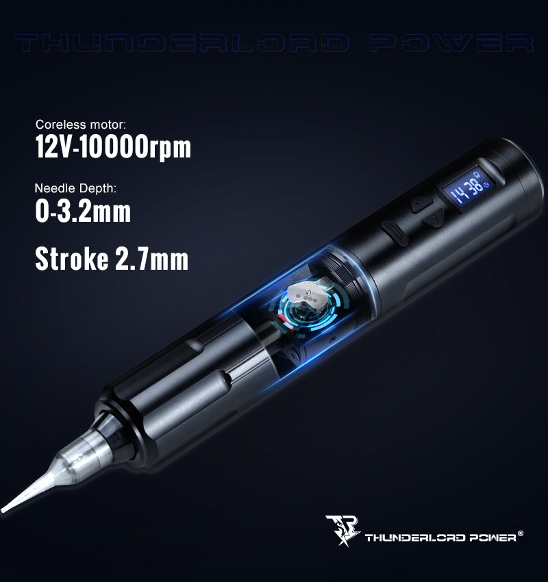 Thunderlord Power K6003 PMU Machine in black with specs: 12V motor, 2.7mm stroke, digital display; tattoo equipment.