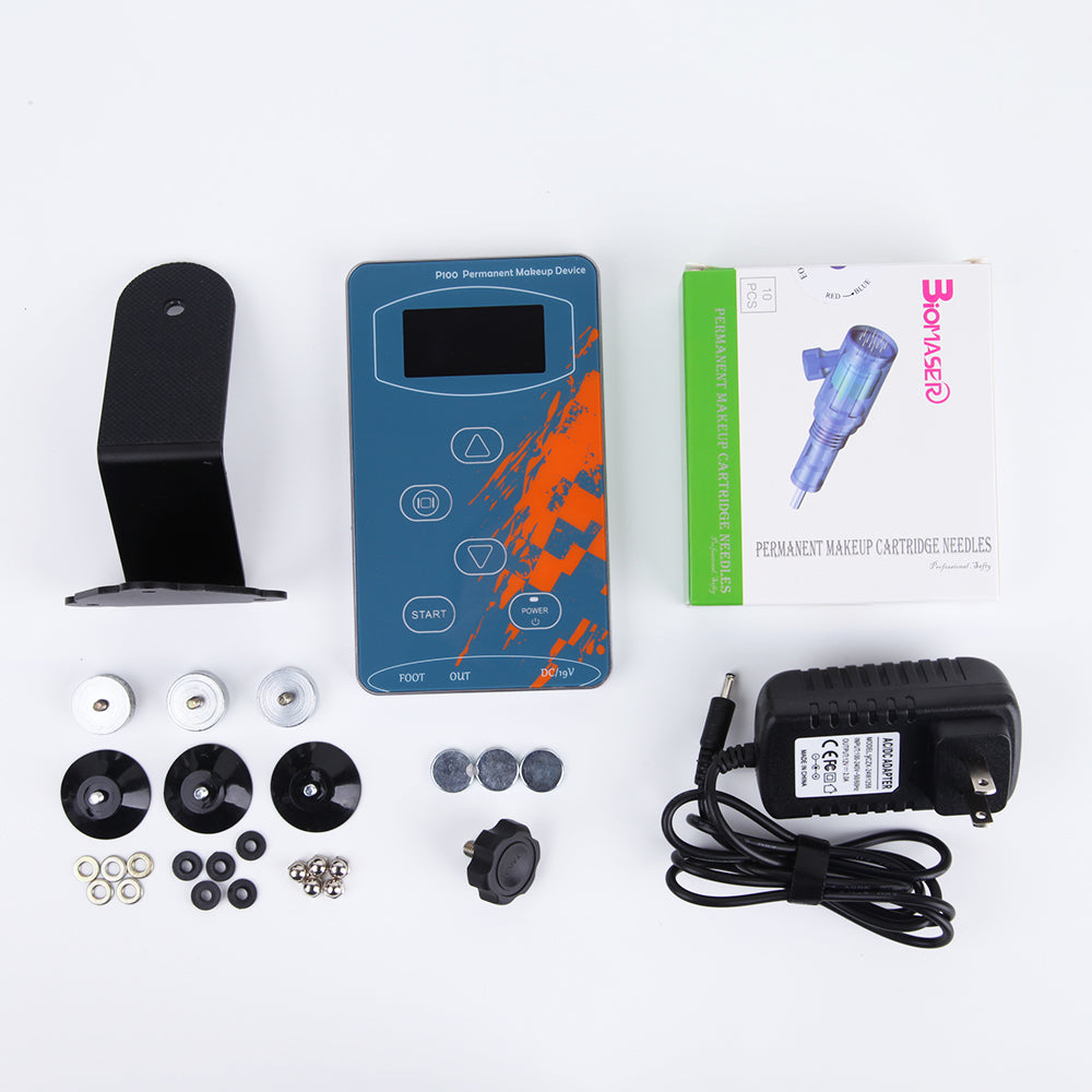 BMX P100 PMU Kit: blue control panel, Biomaser permanent makeup cartridge needles, professional tattoo equipment