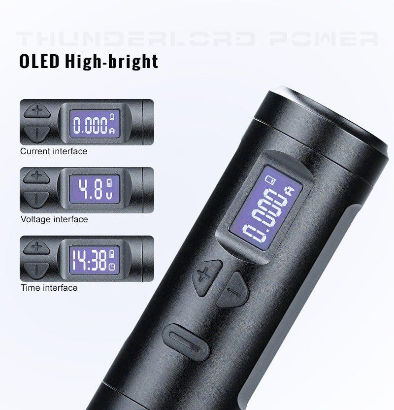 Thunderlord Power Wireless PMU Machine with OLED display, showing current, voltage and time interfaces. Tattoo equipment.