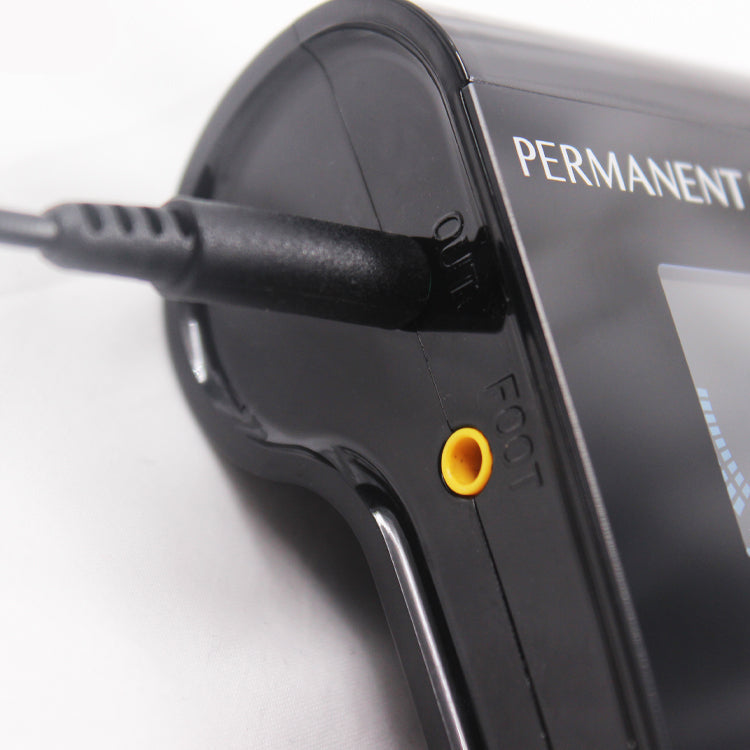 BMX P500 Permanent Makeup Machine Kit detail, Black power supply with "PERMANENT" logo, Out and Foot port.