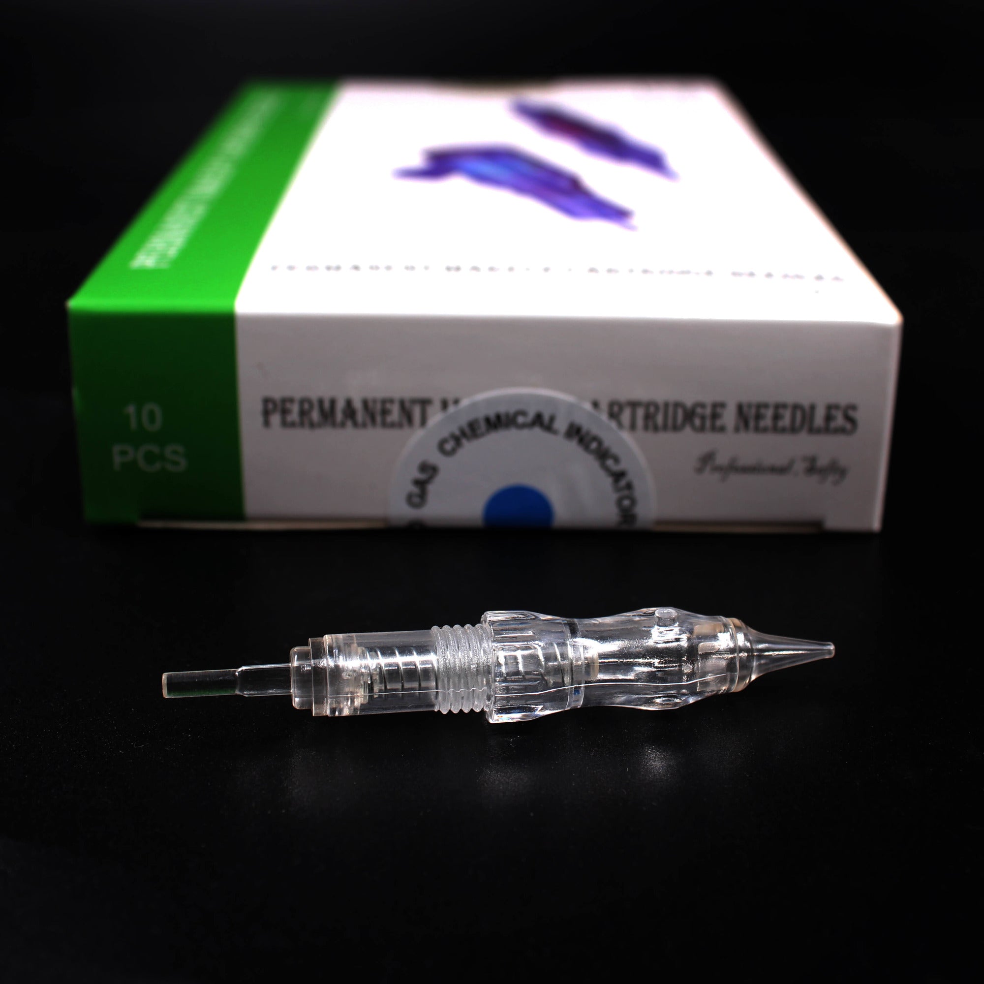 BMX 1R Cartridge Needle. Clear plastic tattoo needle for PMU, displayed with packaging. Professional tattoo supplies.