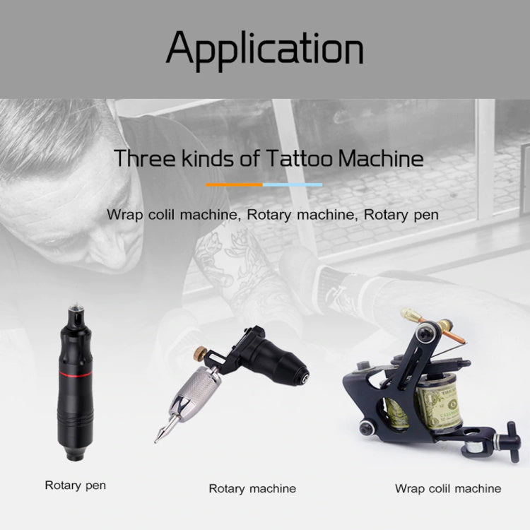 Different tattoo machine types: Rotary pen, rotary machine, and wrap coil machine, for tattoo artists.