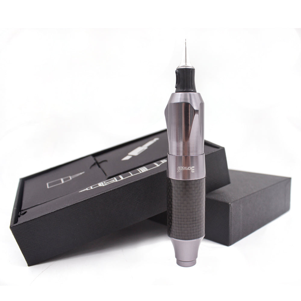 Thunderlord Power CTG004 Tattoo Pen Machine, silver body and carbon fiber grip. Professional tattoo equipment.