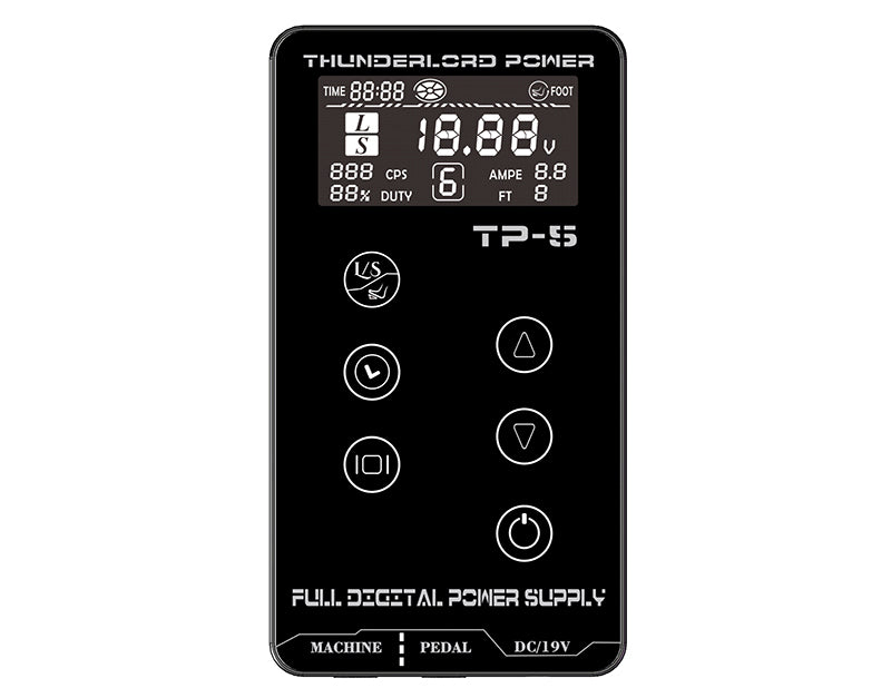 TP-5 digital tattoo machine power supply with LCD screen, featuring voltage and amperage display, essential tattoo equipment.
