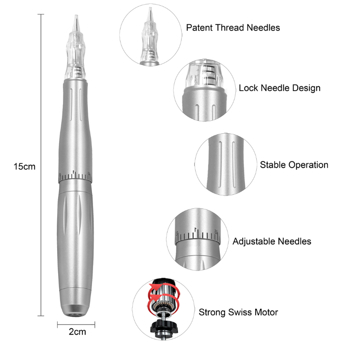 CNC aluminum eyebrow tattoo pen, silver, features patent needles, adjustable settings, and a strong Swiss motor.