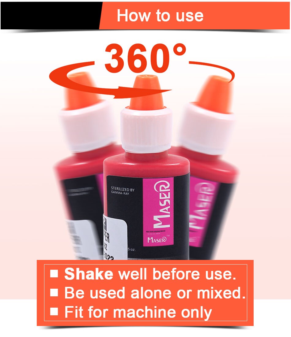 Maser tattoo pigment ink - Usage instructions, Shake, Mix or Alone, Machine Use. Tattoo supplies for permanent makeup